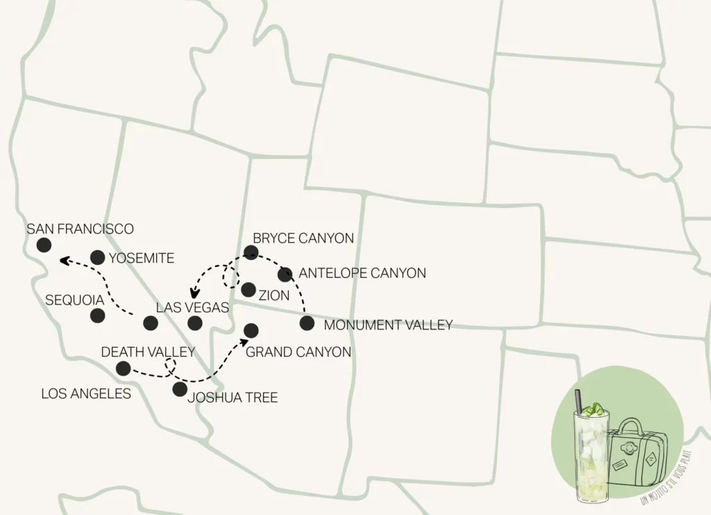 roadtrip ouest américain - carte et itinéraire - un mojito s'il vous plait